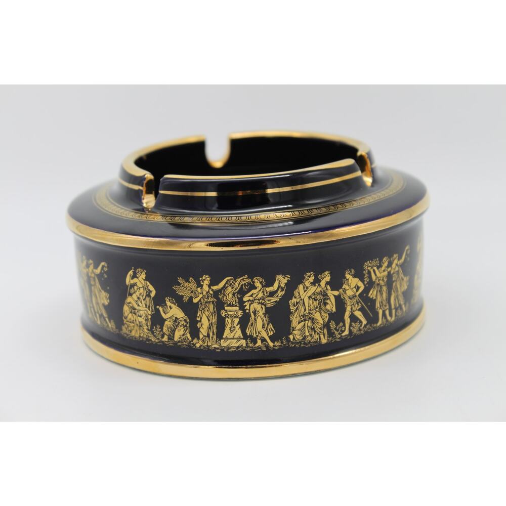 Vtg Cobalt Blue 24K Gold Grecian‎ Ashtray Pottery Handmade in Greece Home Decor